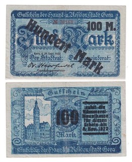 Gera Haupt u. Residenzstadt 100 Mark 1922 Überdruck auf 5 Mk von 1918
