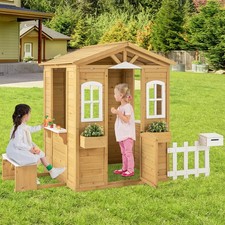Wood Playhouse for Kids Outdoor Adventures Cottage w/ Bench Play Game Center