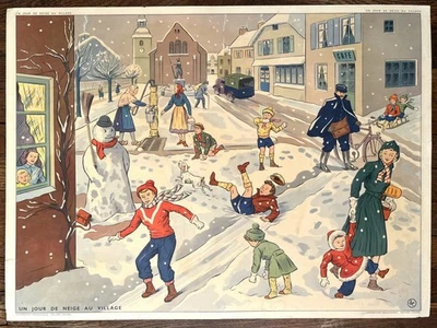 📫 Ancienne affiche scolaire Rossignol, 1950 - La Poste / L'hiver - Photo 1/4