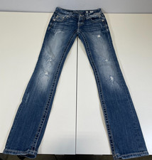 Miss Me Signature Straight Distressed Jeans Embellished Back Pockets Sz 25