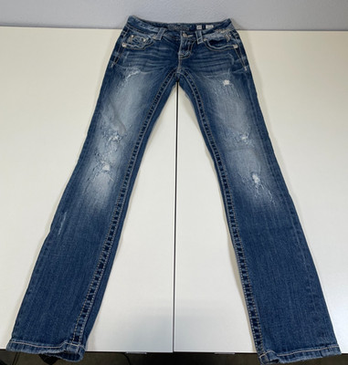 Miss Me Signature Straight Distressed Jeans Embellished Back Pockets Sz 25