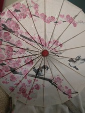 Vintage Painted Rice Paper Bamboo Umbrella Asian, Condition Damaged