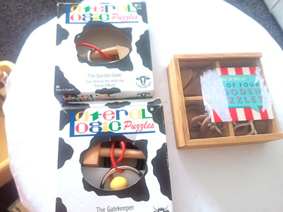 3 x Vintage Holzpuzzle Restposten 3d 70er 80er Knobelspiel Torwächter etc