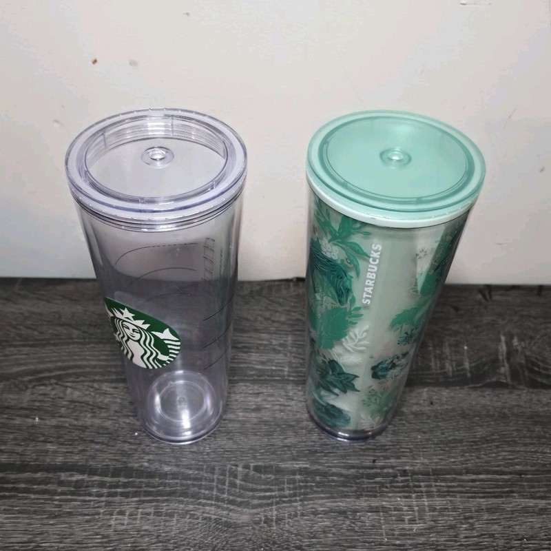 Starbucks 24oz Tumblers Set Clear & Floral  Green With Lids 2-Piece no Straws