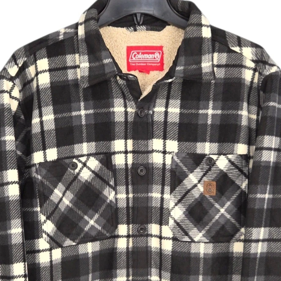 Coleman Fleece Shirt Jacket Mens Large Black White Plaid Sherpa Lined Outdoor
