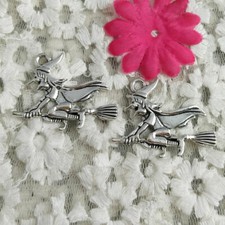 24 Pcs Antique Silver Broom Star Witch Charms Pendant 30X37MM H-4904