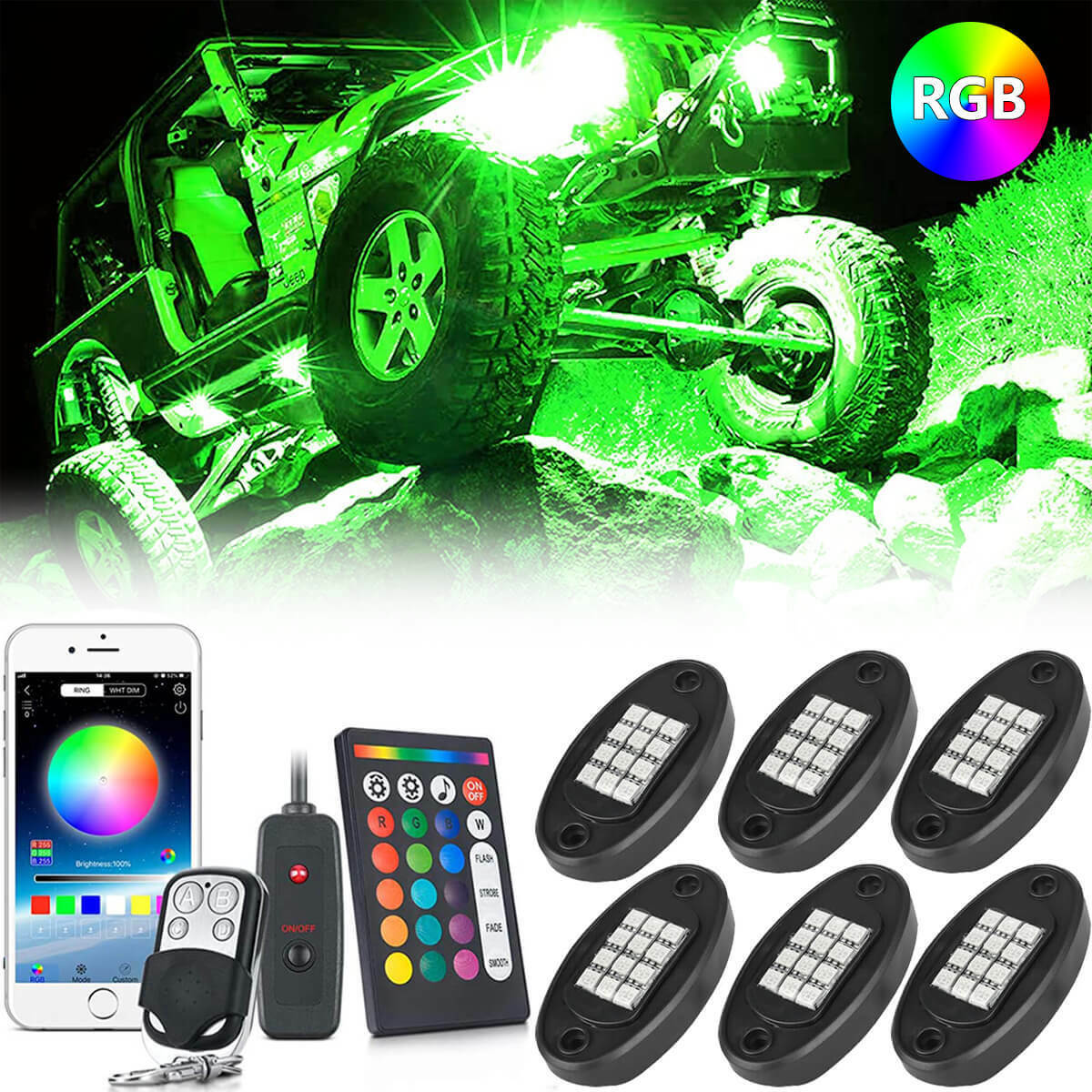 RGB LED Rock Lights Kit 6 pods Underglow Multicolor Neon Lights Bluetooth  App