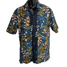 Vintage 90s Button Up Hawaiian Shirt L Blue Floral Short Sleeve Pocket Camp