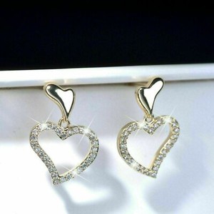 Authentic 1.20Ct Heart Round Cut Real Moissanite Drop-Dangle Earrings Yellow Gold plated