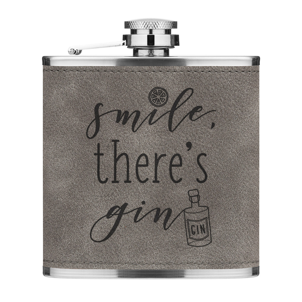Smile There's Gin 6oz PU Leather Hip Flask Grey Funny Tonic Drinks