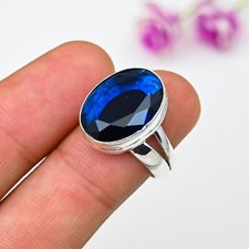 Blue Sapphire Lab-Created Gemstone Handmade 925 Sterling Silver Jewelry Ring
