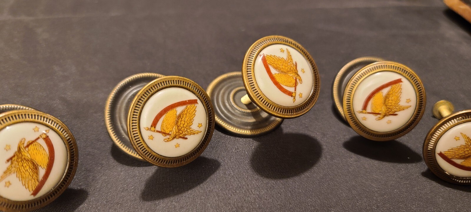 Set of 6 Hitchcock Eagle Drawer Pulls Knob Banner Flag Stars Brass