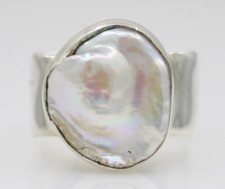 Sterling Silver Pearl Square Band Ring Size 7 - 9.2 Grams