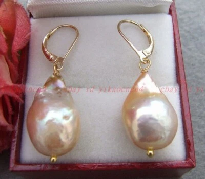14x21mm Huge Natural South Sea Pink Kehsi Baroque Pearl Gold Dangle Earrings - Image 1 of 2