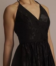 David’s Bridal  A-line silhouette, halter dress Black jacquard print Date Night