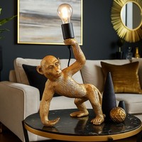 Tischleuchte Tischlampe Wohnzimmerlampe Affe Skulptur Goldfarben E27 H 35,5 Cm
