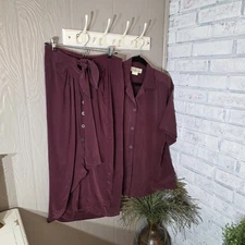 Vintage Sue Wong Silk Skirt & Shirt Set, Size Small, Burgundy, 1980s