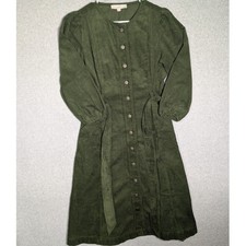 LOFT Corduroy Dress Snap Front Tie Waist Pockets Size 8P Earthy Forest Green