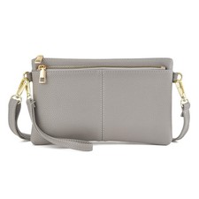 Triple Zip Small Crossbody Bag Vegan Leather Wristlet Clutch Grey with