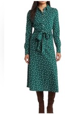 Boden Women's Laura Polka Dot Midi Shirt Dress Green Size 6 Long Tencel Cotton