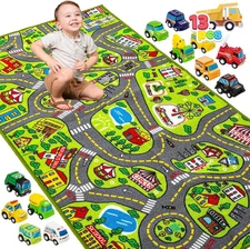 Kids Play Rugs - 12 Pull-Back Vehicle Set - Durable Carpet Playmat Rug - City 
