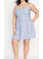 Old Navy NWT Fit & Flare Linen-Blend Mini Dress Pockets Blue White Stripe; Sz. L
