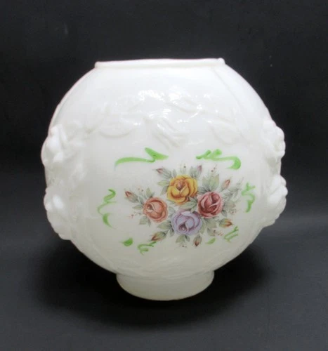 Vintage Puffy Roses GWTW Hurricane Milk Glass Lamp Ball Globe Shade 9"