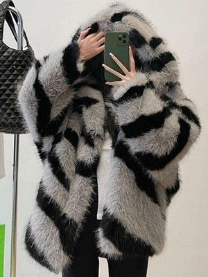 Womens Winter Chic Zebra Patterned Hooded Faux Fox Short Coat Jacket Coats