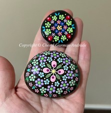 Original Dot Painted Stones Pastel  Lime Flower Mandalas by Cheryl Andrade