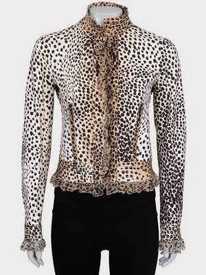 Roberto Cavalli Leopard Cheetah Print Ruffle Jacket Hook Closure IT 38 XS