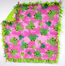 Handmade Baby /Fleece Tied Security Blanket- Pink  Green Frogs  34 x 36