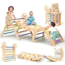 Baby Pikler Triangle Set with Cushion, 9-in-1 Foldable Wooden Climbing Toys f...