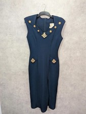 Vtg Joseph Ribkoff Dress UK 10 Navy Gold Embellished Evening Party Elegant Gala