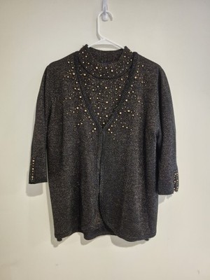 Susan Graver Women's XL 2-Piece Twin Set Metallic Gray Beaded Cardigan & Shirt