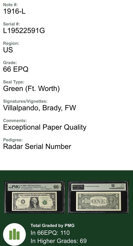 1988A $1 FRN San Francisco PMG 66 EPQ – Radar Serial L19522591G – Gem Unc Fancy - Image 3 of 3