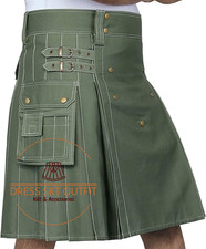 Scottish Olive Green Cotton Utility Kilt - Cotton kilt For Men's - Cargo Pockets