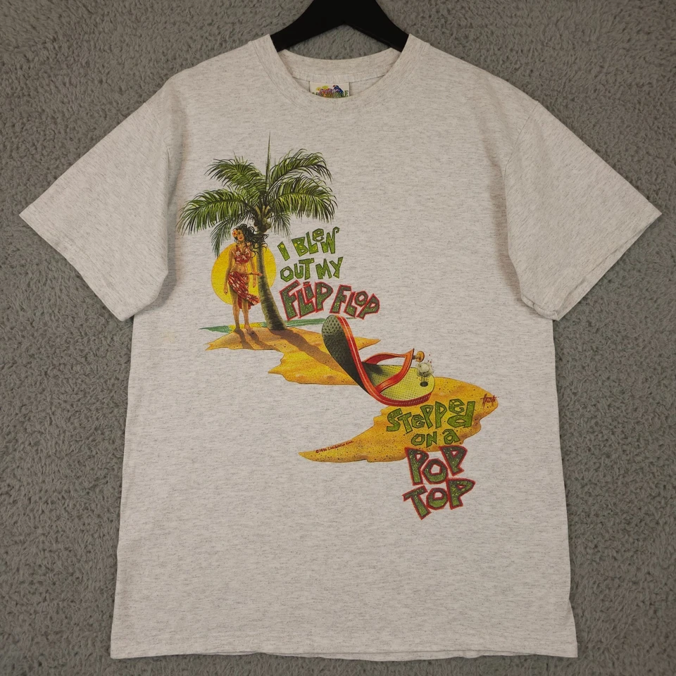 Camisa masculina vintage anos 90 Margaritaville M cinza I Blew Out My Flip Flop Caribbean Soul - Imagem 2 de 4