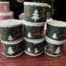 Lot of 7 Reindeer and Xmas Tree Wired Ribbon - 2 1/2" x 10 Yards, Faux Burlap  
