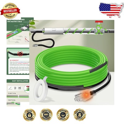 60Ft Self-Regulating Heat Cable for Pipe Freeze Protection, Built-In Thermostat