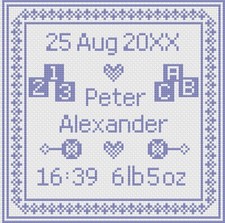 Cross Stitch Birth Sampler Kit or Pattern by Florashell - Blue Square