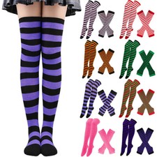 Striped Knee Thigh High Socks Arm Warmer Fingerless Long Gloves Stockings Set