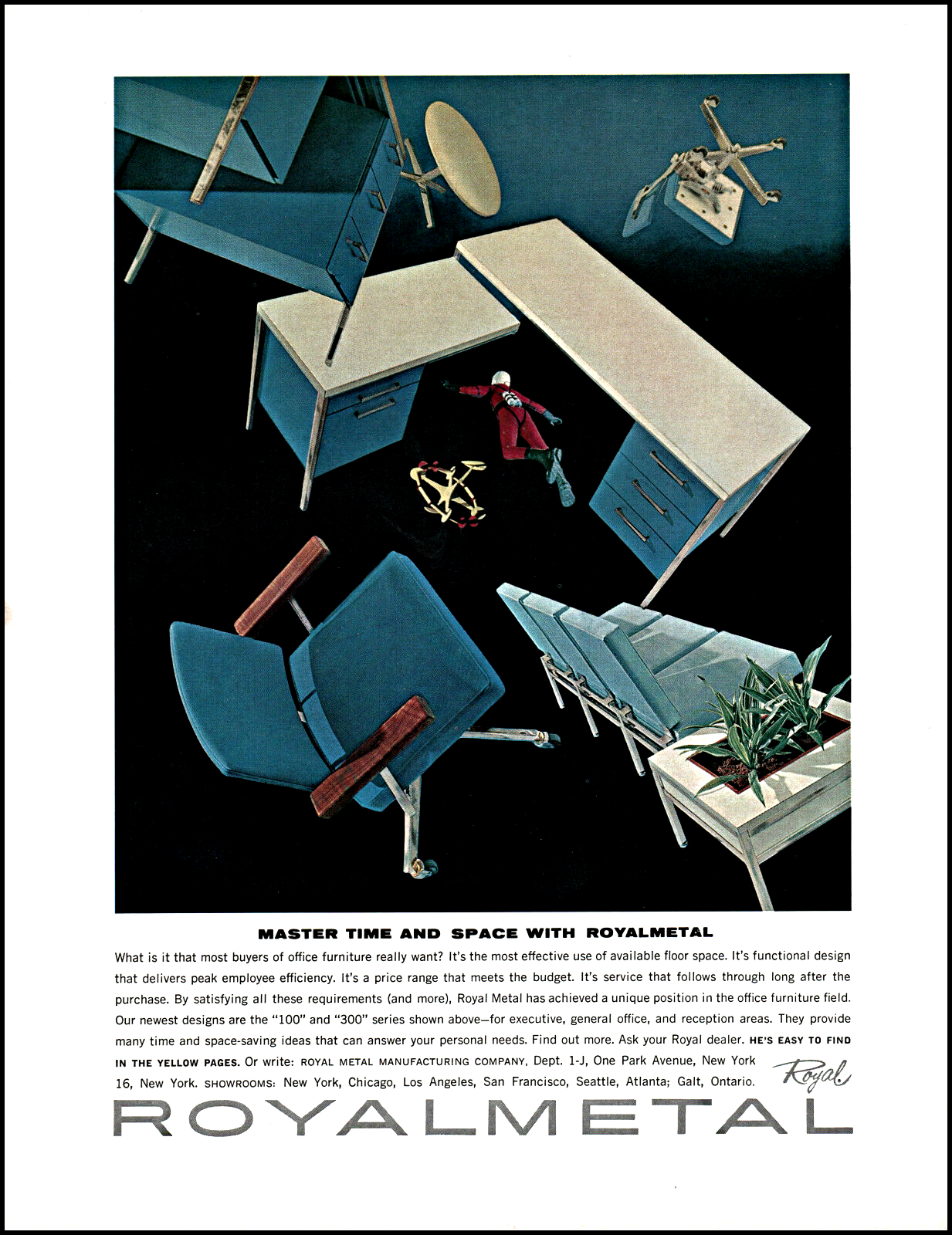 1961 Astronaut flying over Royal Metal Office Furniture vintage art