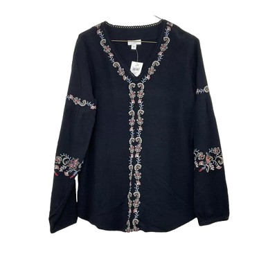 j. jill  black embroidered cotton gauze top xs v-neck long sleeve