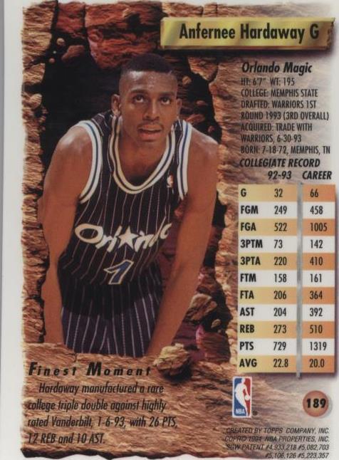 93-94 Finest Ref 189種セット 1993-94 Topps Finest - Anfernee Hardaway #189 Refractor (RC