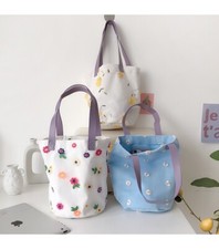New Daisy Flower 3D Embroidery Canvas Bucket Small Lunch Wrist Handbag Bag