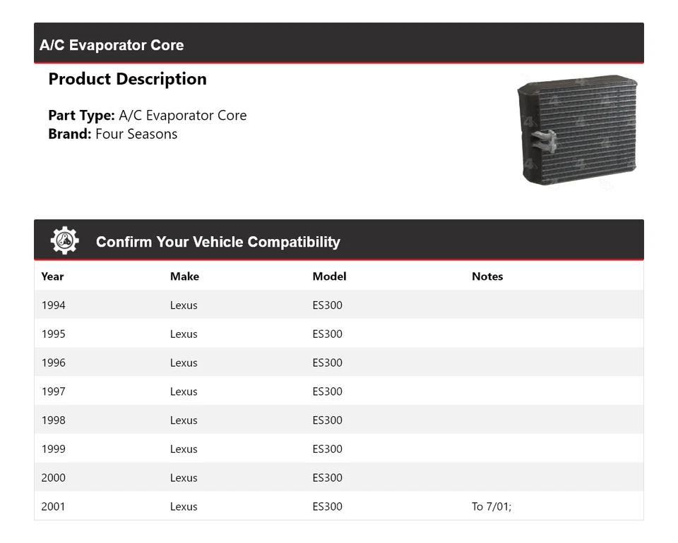 Núcleo evaporador aire acondicionado Lexus ES300 1994-2001 4 estaciones 1995 1996 1997 1998 1999 Foto 2 de 4