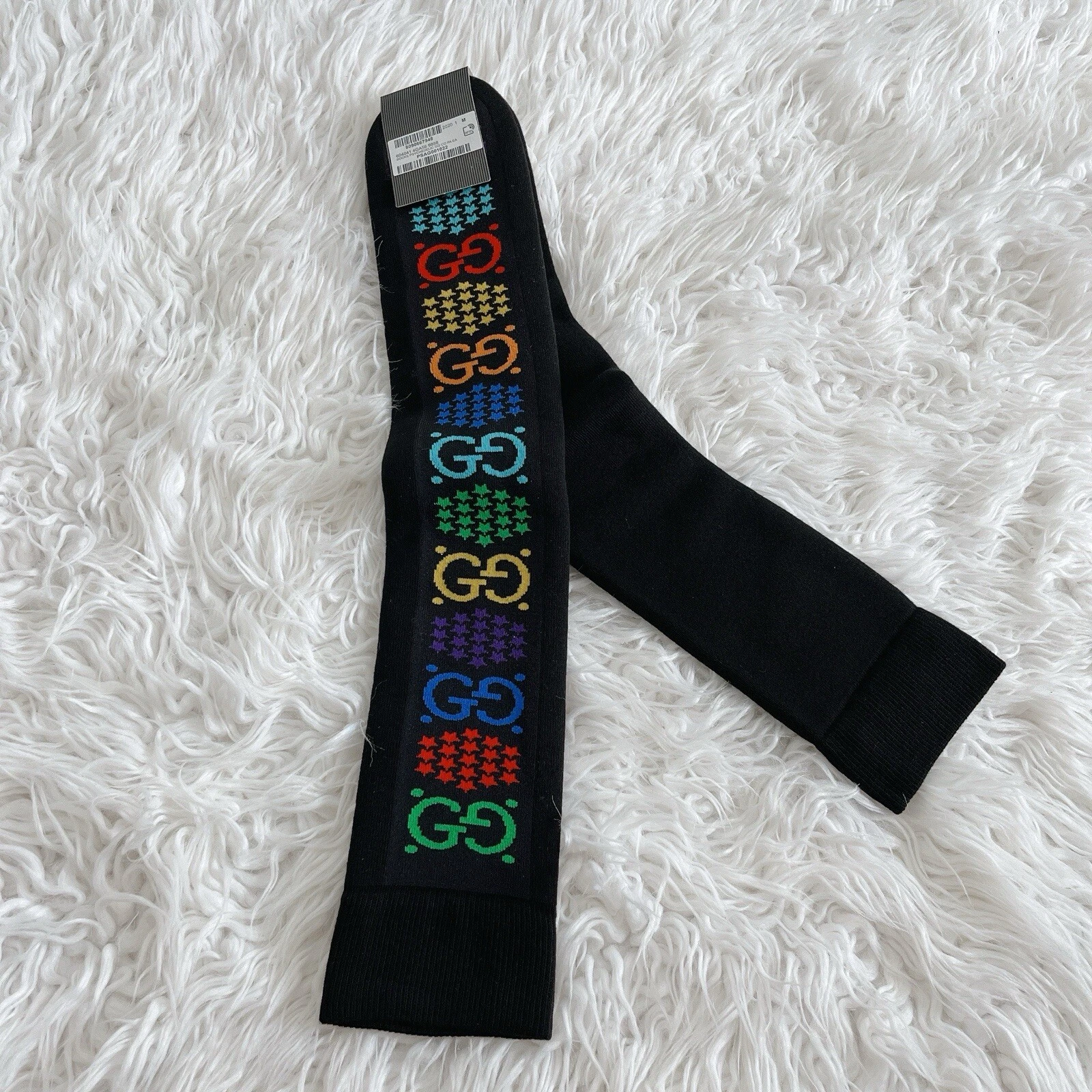 Chaussettes longues homme Gucci noir coton psychédélique arc en ciel logo étoile M 604041 9888