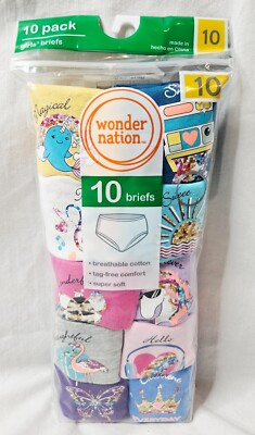 Wonder Nation Girls 10 Pack Cotton Brief Underwear Tagless Assorted Sizes 4-18