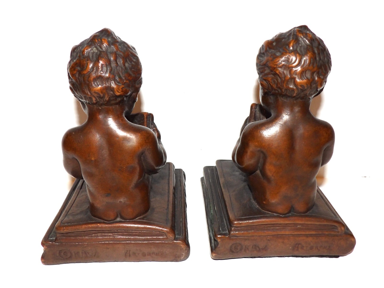 VINTAGE RARE KBW KATHODIAN BRONZE WORKS BRONZE CLAD CHERUB 7" SCULPTURE/BOOKENDS