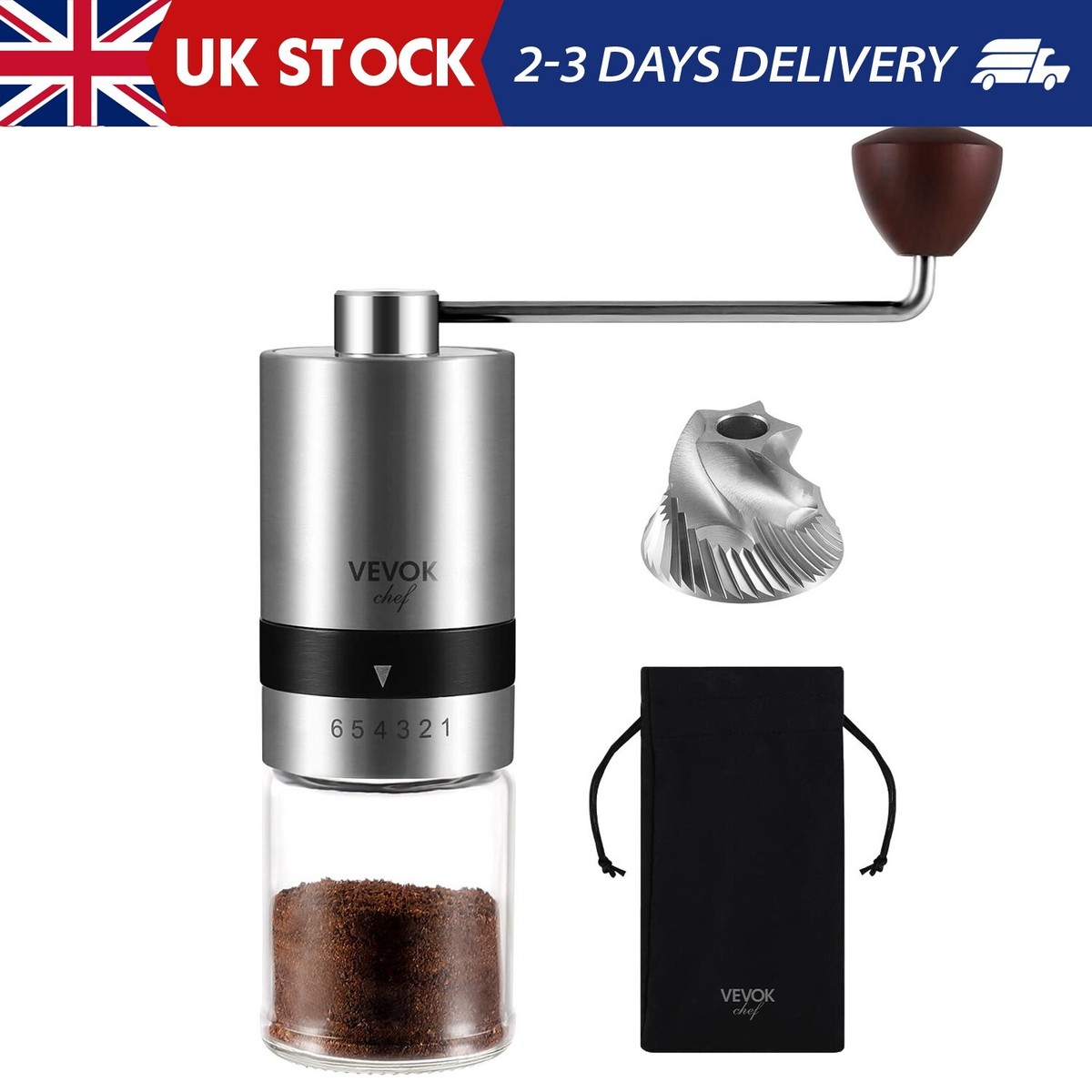 Vevok Chef Sliver Manual Burr Coffee Grinder, Coarseness